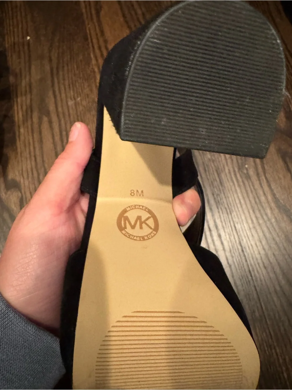 Michael Kors Black Suede Crisscross Slingback Heels with Gold Buckles